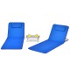 Two adjustable blue beach lounge chairs with a folding table, perfect for outdoor sunbathing and relaxation.