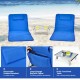 Two adjustable blue beach lounge chairs with a folding table, featuring a zippered storage bag and removable headrest.