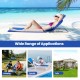 Two adjustable beach lounge chairs with a folding table in stripe-blue, perfect for sunbathing and outdoor relaxation.