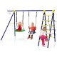 Children enjoying the 5-in-1 outdoor swing set with adjustable swings, climbing ladder, and basketball hoop for.