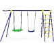 5-in-1 outdoor kids swing set featuring A-shaped metal frame, two swings, climbing ladder, and basketball hoop for fun.