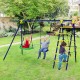 5-in-1 outdoor kids swing set featuring two swings, climbing ladder, and basketball hoop for backyard fun and safety.
