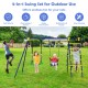 5-in-1 outdoor kids swing set featuring A-shaped metal frame, adjustable swings, and climbing net for backyard fun.