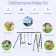 5-in-1 outdoor kids swing set featuring A-shaped metal frame, two swings, basketball hoop, climbing ladder, and net.