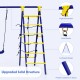 A-shaped metal frame of the 5-in-1 outdoor kids swing set with climbing ladder, swings, and basketball hoop for.