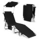 Adjustable outdoor beach patio recliner in black with sun shade, side pocket, and foldable design for easy transport.