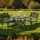 Round 36-inch brown patio dining bistro table with umbrella hole, featuring elegant patterns, set in a garden.