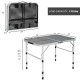 Folding grill table with iron mesh top, aluminum frame, adjustable heights, and compact design for camping and outdoor.