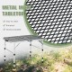 Folding grill table with iron mesh tabletop, aluminum frame, and adjustable height for camping and outdoor use.