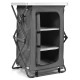 Folding camping storage cabinet with a heavy-duty steel frame and breathable mesh, designed for quick setup and.