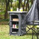 Folding camping storage cabinet showcasing a side view of the 3 shelves, designed for outdoor convenience and easy.