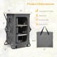 Folding camping storage cabinet with 3 shelves, waterproof oxford cloth, and carrying bag for outdoor activities.