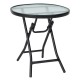 Folding patio side table with tempered glass tabletop and powder-coated steel frame, ideal for poolside or backyard use.