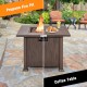32-inch brown propane fire pit table with lid, featuring a stainless steel burner for outdoor gatherings and relaxation.