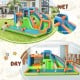Inflatable giant water park bouncer with dual climbing walls, slide, and splash pool for outdoor summer fun.