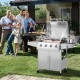 Stainless steel 5-burner propane gas grill with side burner and prep tables, perfect for outdoor cooking and gatherings.