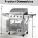 Dimensions of the 50000BTU 5-burner propane gas grill with side burner and prep tables, featuring stainless steel.