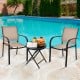 Set of 2 stackable patio dining chairs with armrests, featuring a brown fabric seat and black powder-coated steel.