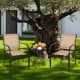 Set of 2 stackable patio dining chairs with armrests in brown, ideal for garden and backyard relaxation.