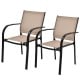 Set of 2 stackable patio dining chairs with armrests in garden deck-brown, featuring a durable powder-coated steel.