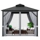 Double-top hardtop gazebo with galvanized steel roof, featuring curtains and mesh netting for outdoor relaxation.