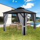 Double-top hardtop gazebo with galvanized steel roof and gray curtains, ideal for outdoor gatherings and weather.