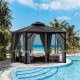 Double-top hardtop gazebo with galvanized steel roof, gray curtains, and mesh netting for outdoor relaxation by the.