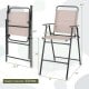 Folding patio bar-height chair with armrests in beige, featuring breathable mesh and a 330 lbs weight capacity.