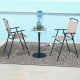 Set of 2 beige patio folding bar-height chairs with armrests, placed by a poolside for outdoor relaxation.
