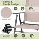 Patio folding bar-height chair with breathable fabric, powder-coated metal frame, and armrests for outdoor relaxation.