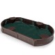 Sandbox with built-in corner seats in brown, featuring a bottom liner for drainage, ideal for outdoor play.