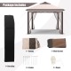 Portable 2-tier 11x11 feet pop-up gazebo tent in beige with mesh screen, carry bag, stakes, and ropes for outdoor use.