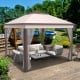 Pop-up 2-tier gazebo tent with beige canopy, mesh netting, and adjustable height for outdoor gatherings and protection.