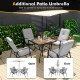 Patio dining set featuring stackable cushioned chairs and an umbrella, ideal for outdoor use in gardens and backyards.