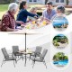 6-piece patio dining set featuring cushioned stackable chairs and a large umbrella, perfect for outdoor gatherings.