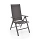 Gray patio folding dining chair with adjustable backrest, sturdy aluminum frame, perfect for outdoor relaxation.