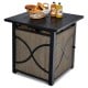 25-inch propane fire pit table with removable lid, stainless steel burner, and fire glass, perfect for outdoor patios.