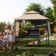 Patio BBQ grill gazebo with beige canopy and dual side awnings, ideal for outdoor cooking and entertaining.