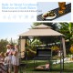 Patio BBQ grill gazebo with beige canopy, dual side awnings, and built-in shelves for outdoor cooking convenience.