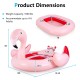 Inflatable pink flamingo floating island for 4-6 adults, featuring 6 cup holders and dimensions for pool or river use.