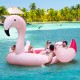 Inflatable flamingo floating island for 4-6 people, featuring 6 cup holders, ideal for pool and river relaxation.