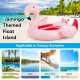 Inflatable flamingo floating island for 4-6 people with 6 cup holders, perfect for pool and beach parties.