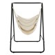 Hanging padded hammock chair with heavy-duty steel stand in beige, ideal for indoor or outdoor relaxation.