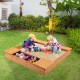 Kids wooden sandbox with bench seats and storage boxes, perfect for outdoor play and socializing with friends.
