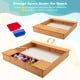 Kids wooden sandbox with bench seats, featuring removable top panels and detachable storage boxes for organized play.