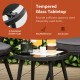 Tempered glass tabletop of a 3-piece patio rattan bistro set with 2 seat cushions, ideal for outdoor relaxation.