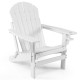 White folding Adirondack chair with retractable ottoman, made of weather-resistant HDPE, perfect for backyard.