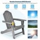 Gray outdoor Adirondack chair with built-in cup holder, made of weather-resistant PE material for patio or porch use.