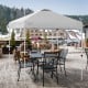 Gray 6.6 x 6.6 feet outdoor pop-up canopy tent with heavy-duty steel frame, set up for shade over a table and chairs.