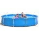 Round above ground swimming pool in blue with family enjoying, made of durable PVC and polyester mesh for outdoor fun.